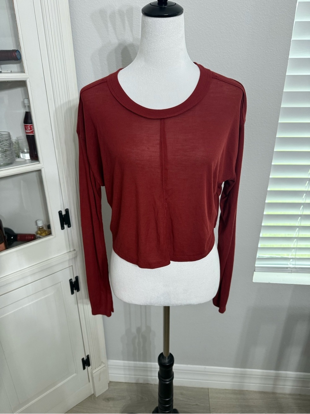 Free People Long-Sleeve Crewneck Cropped Top - Burgundy